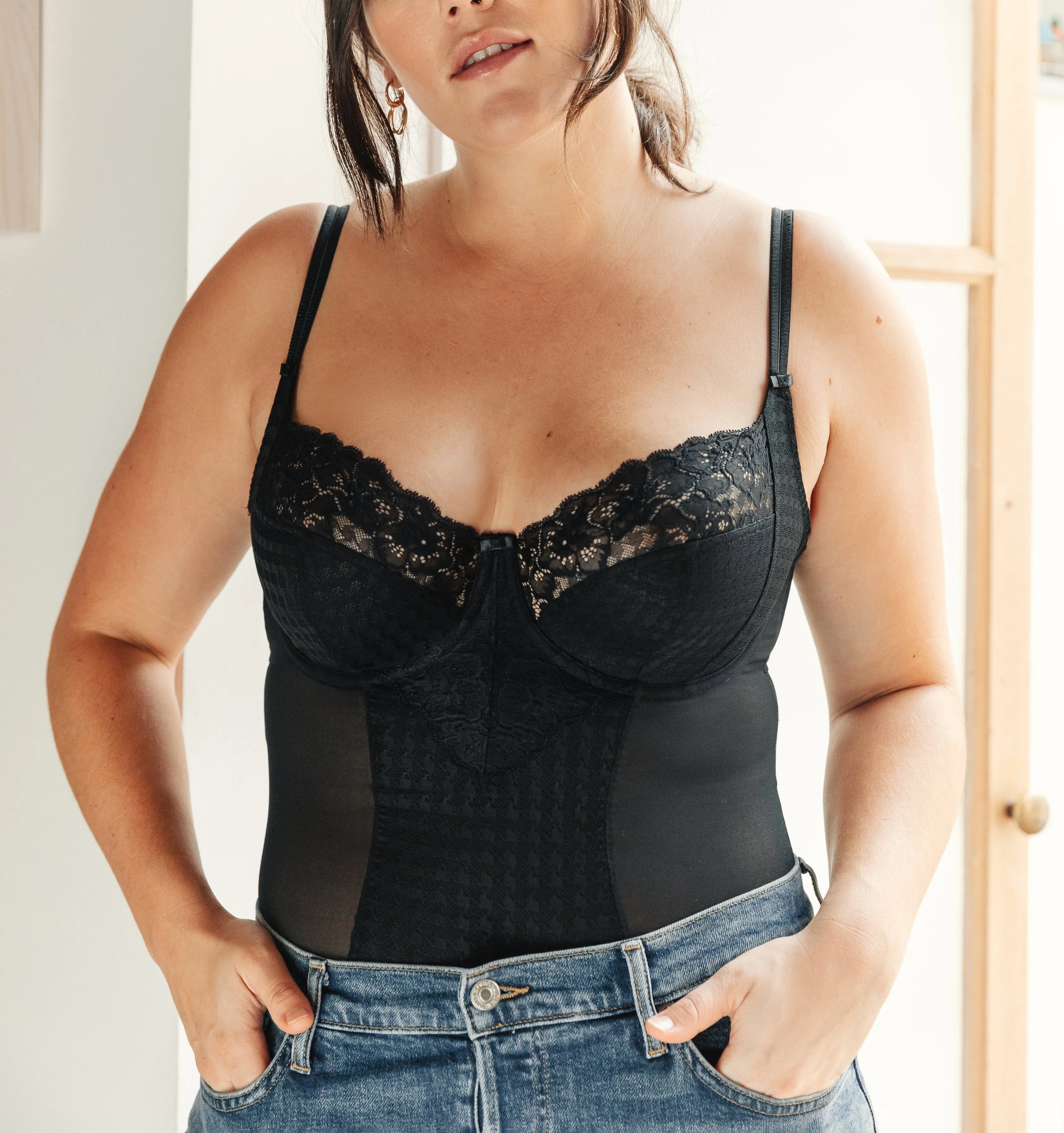 Houndstooth & floral lace body [Black]