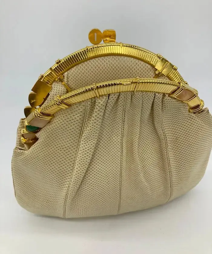 Judith Leiber Beige Lizard Rose Quartz Gemstone Top Clutch
