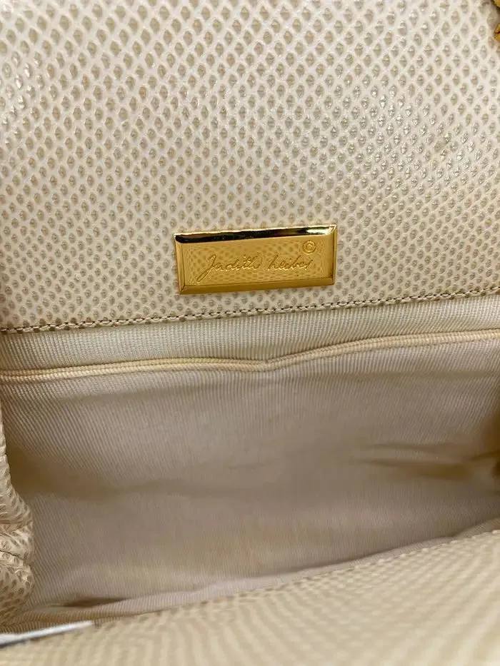 Judith Leiber Beige Lizard Rose Quartz Gemstone Top Clutch