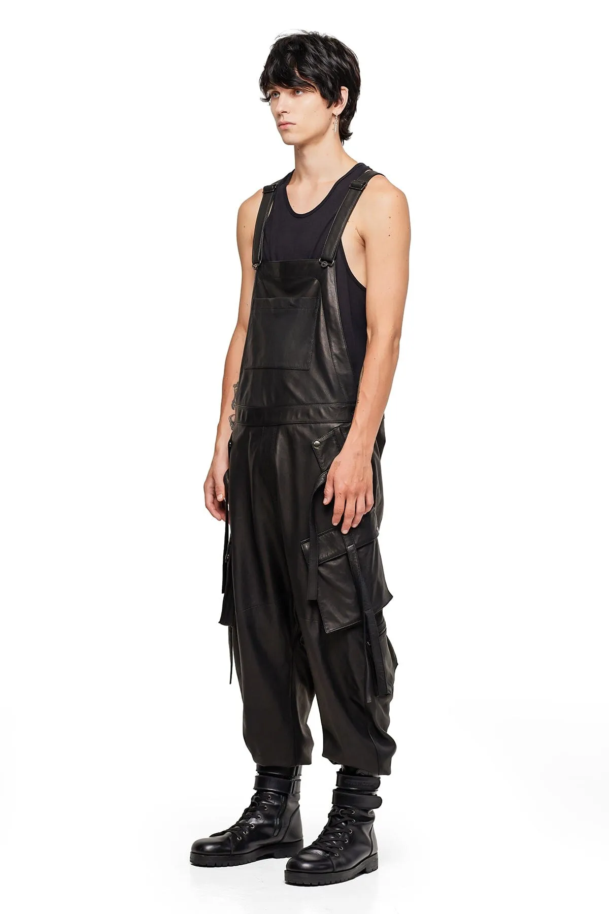 LEATHER OVERALLS IN BLACK
