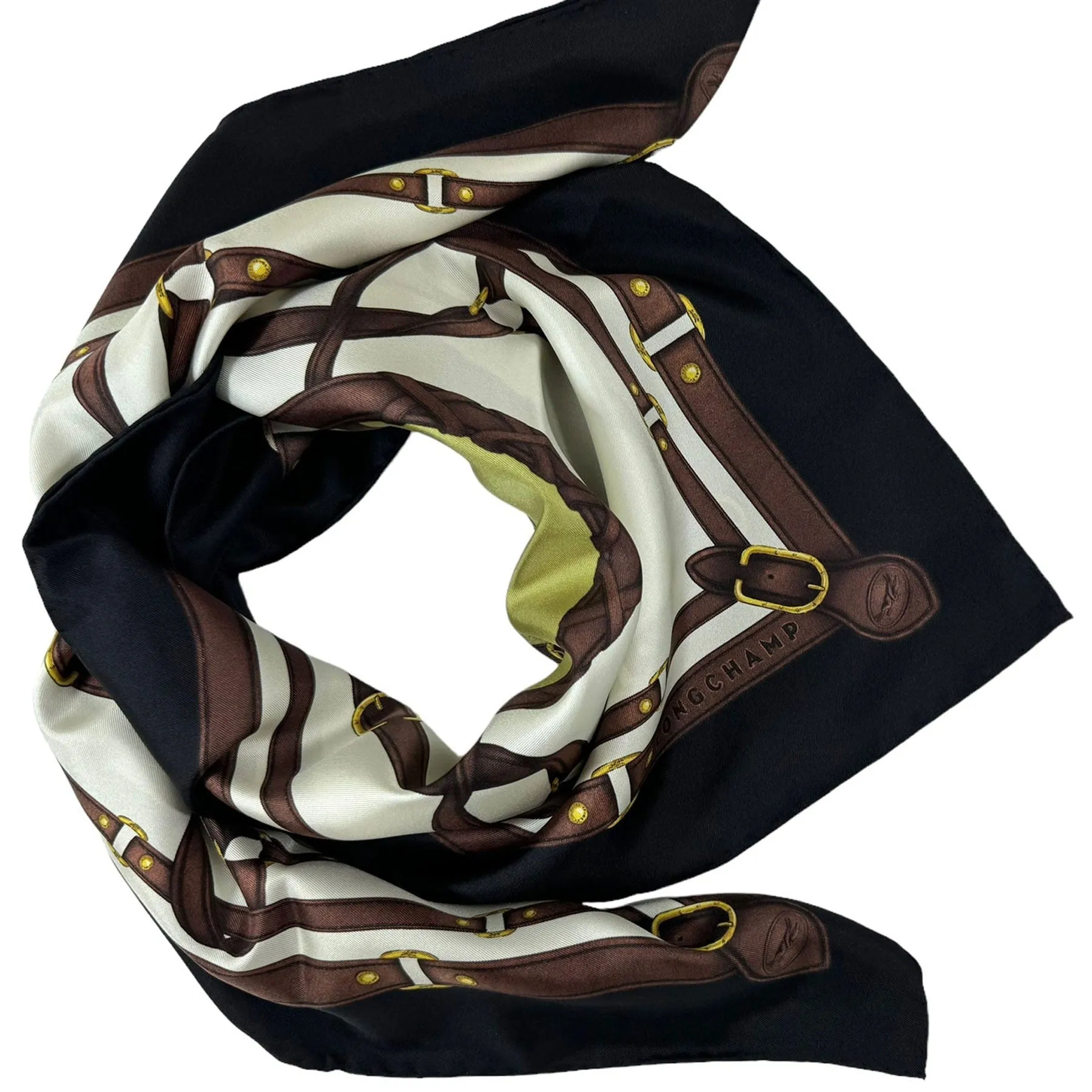 Longchamp Paris Scarf Black Brown Olive Equestrian Design - Silk Square Foulard