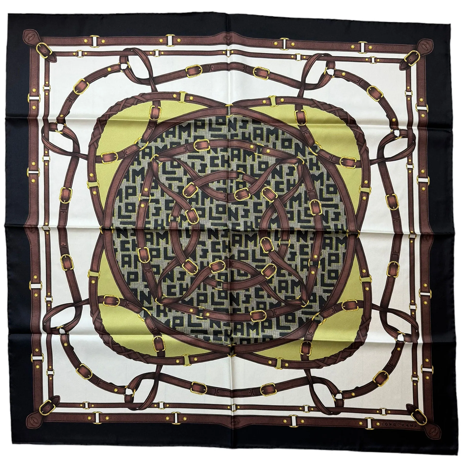 Longchamp Paris Scarf Black Brown Olive Equestrian Design - Silk Square Foulard