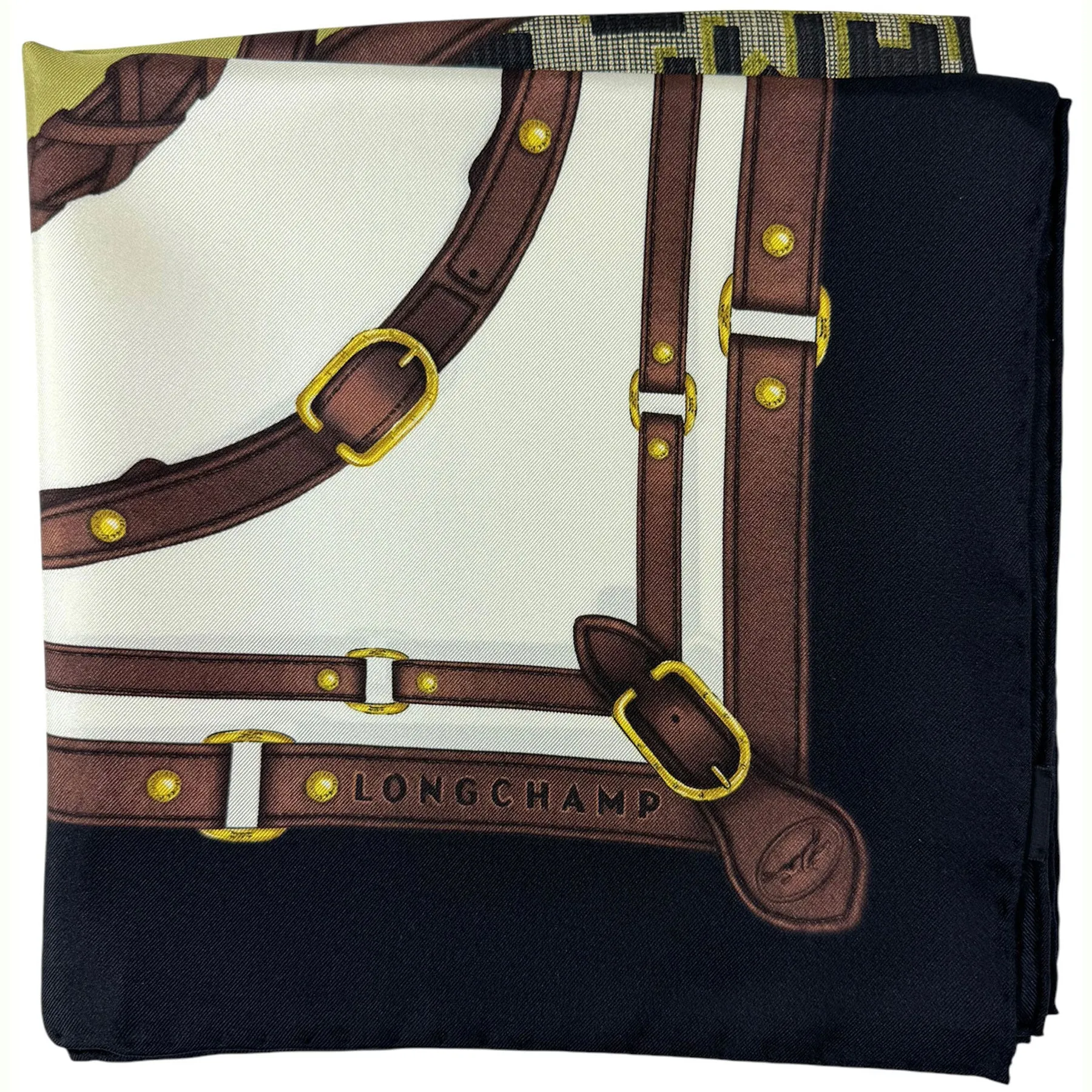 Longchamp Paris Scarf Black Brown Olive Equestrian Design - Silk Square Foulard