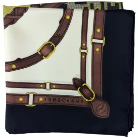 Longchamp Paris Scarf Black Brown Olive Equestrian Design - Silk Square Foulard