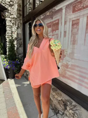 Mineral Wash Biker Short Set- Coral