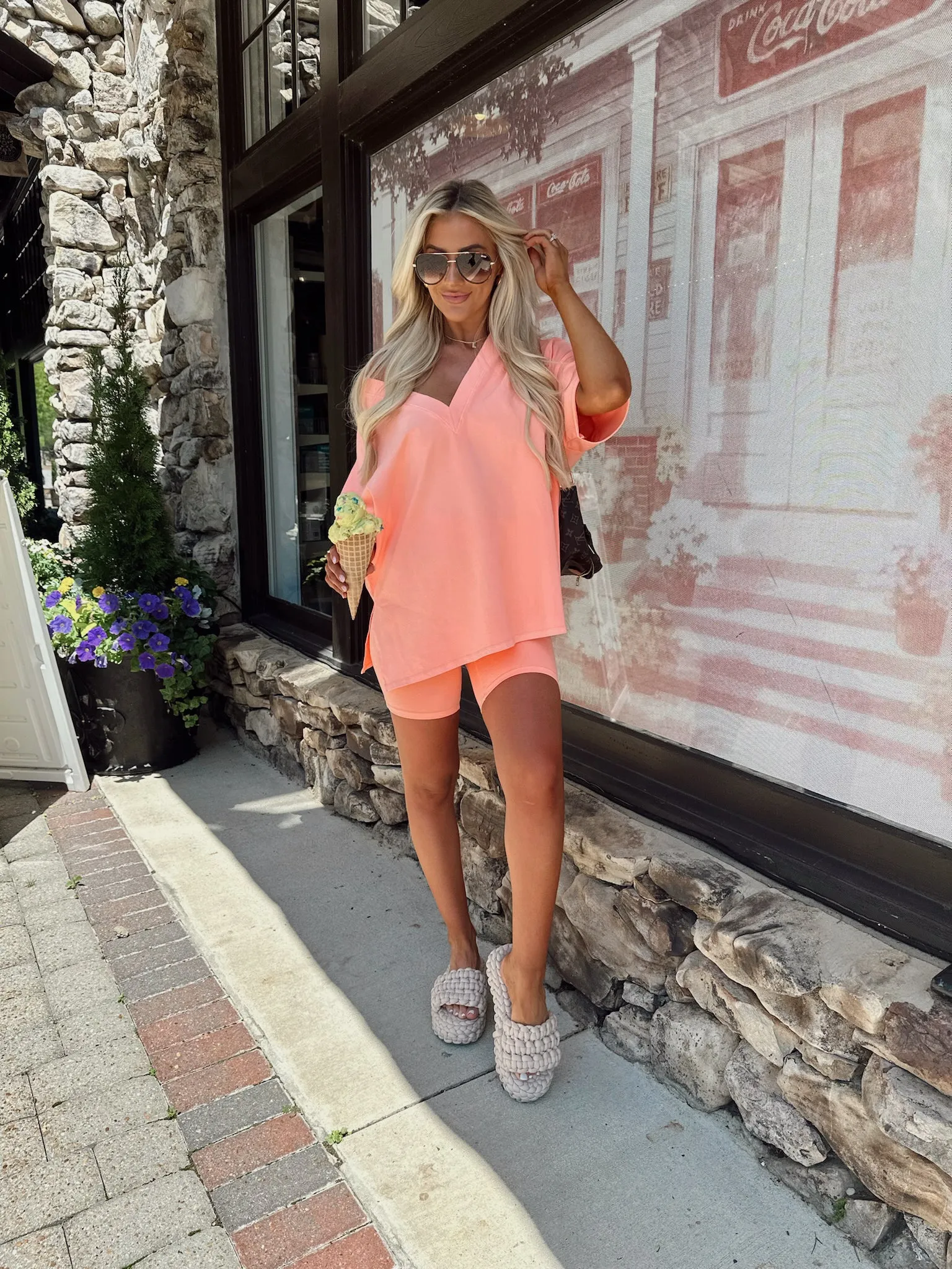 Mineral Wash Biker Short Set- Coral