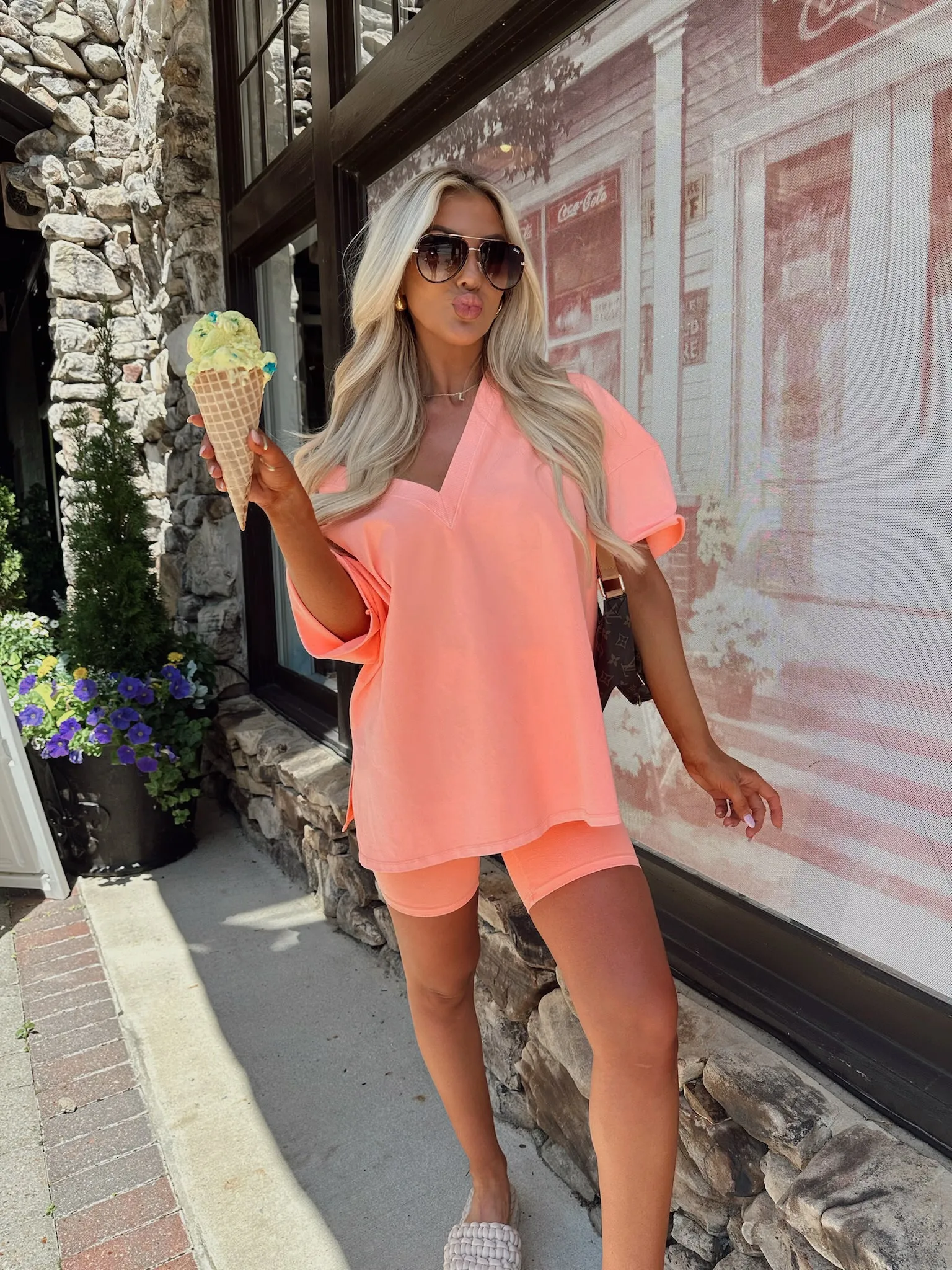 Mineral Wash Biker Short Set- Coral