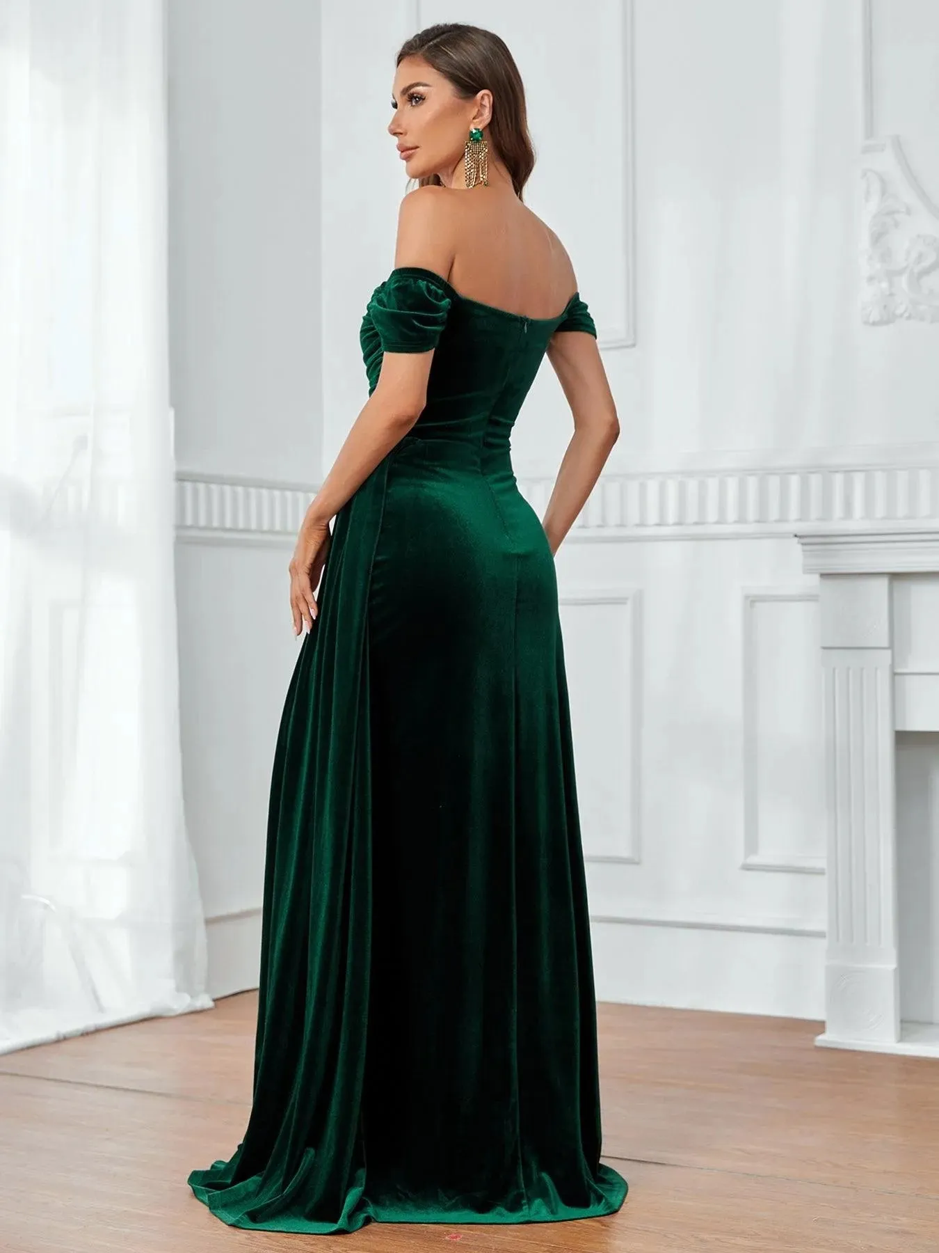 Off Shoulder Ruched Front Draped Side Velvet Party Dress