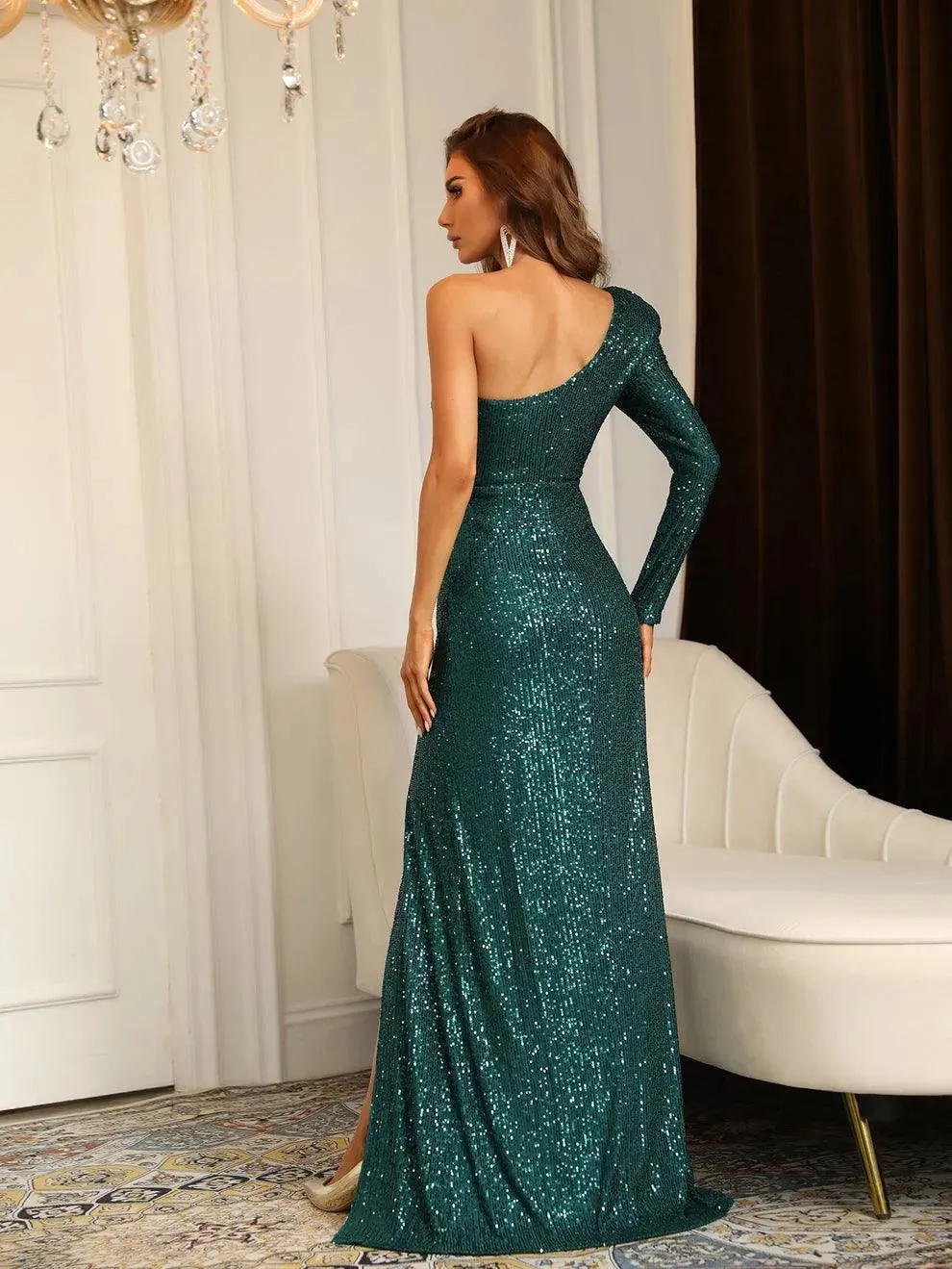 One Shoulder Split Thigh Sequin Formal Dress