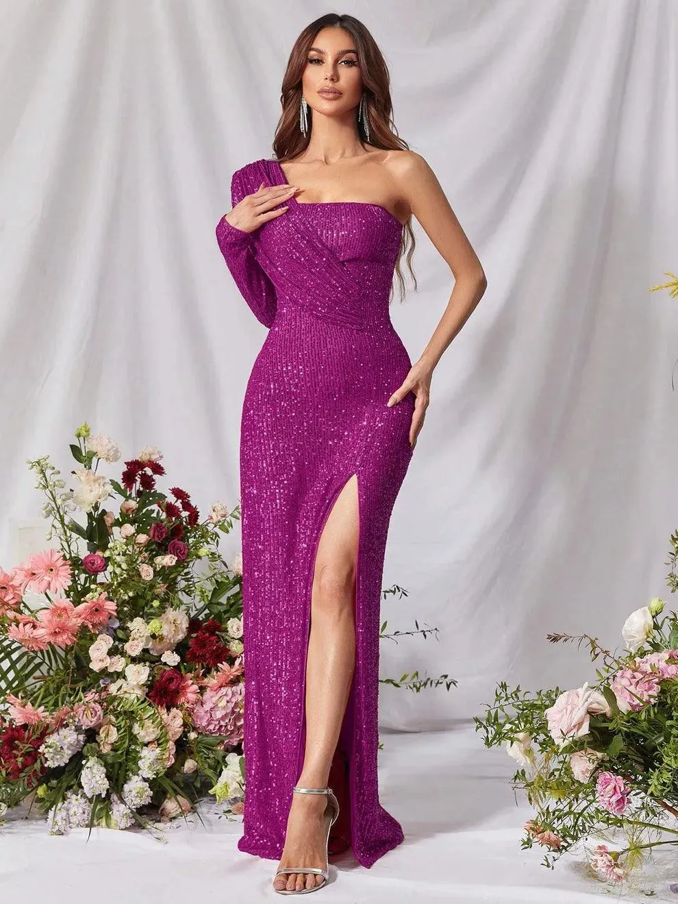 One Shoulder Split Thigh Sequin Formal Dress