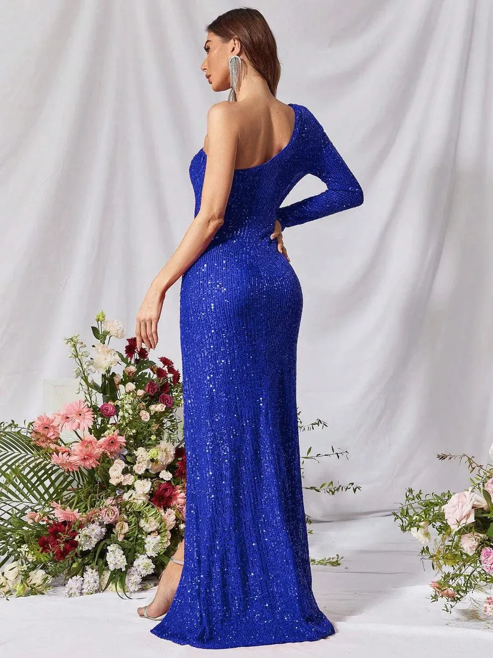 One Shoulder Split Thigh Sequin Formal Dress