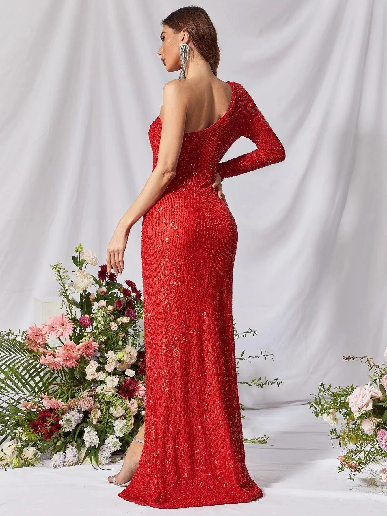 One Shoulder Split Thigh Sequin Formal Dress