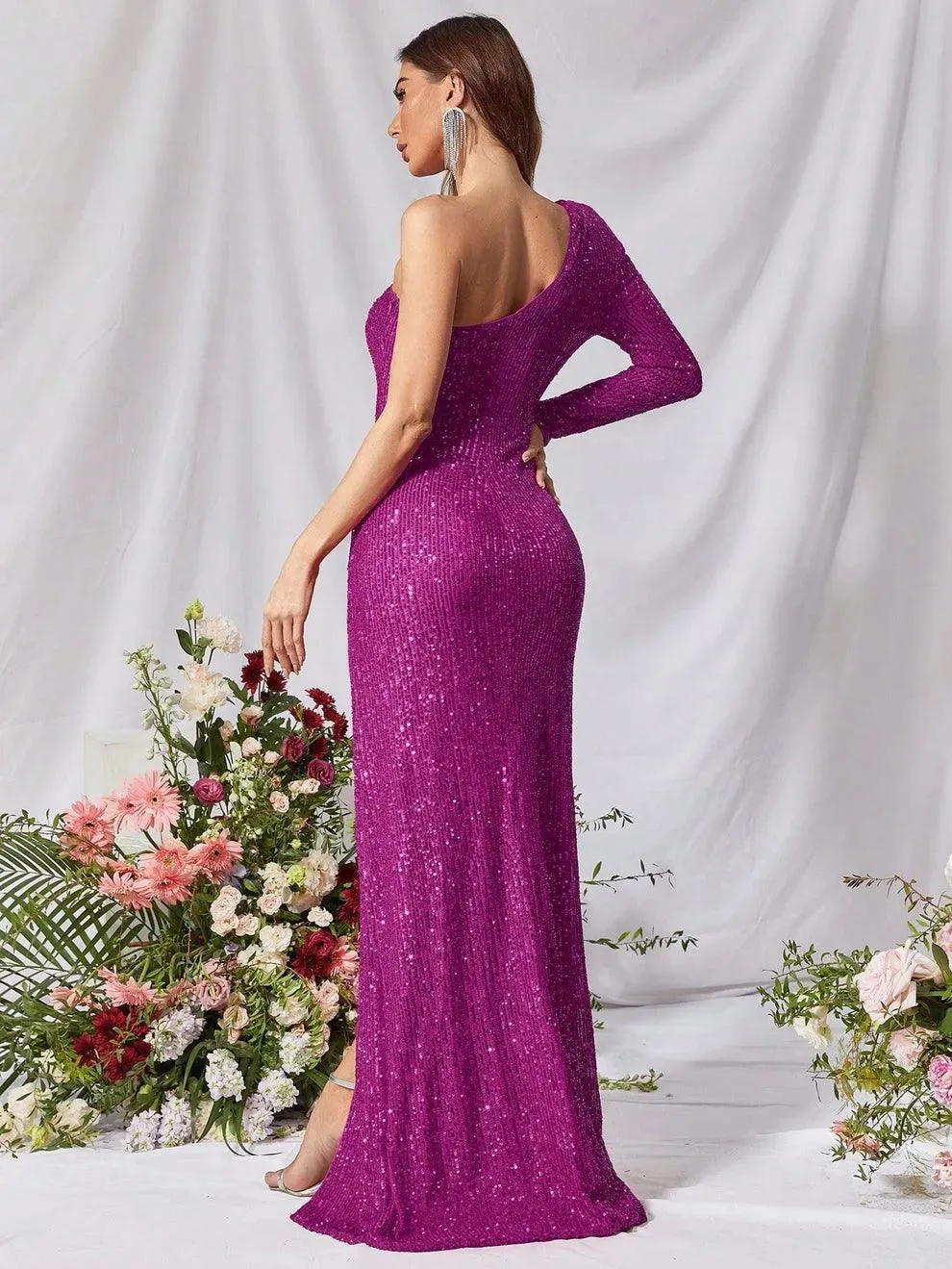 One Shoulder Split Thigh Sequin Formal Dress
