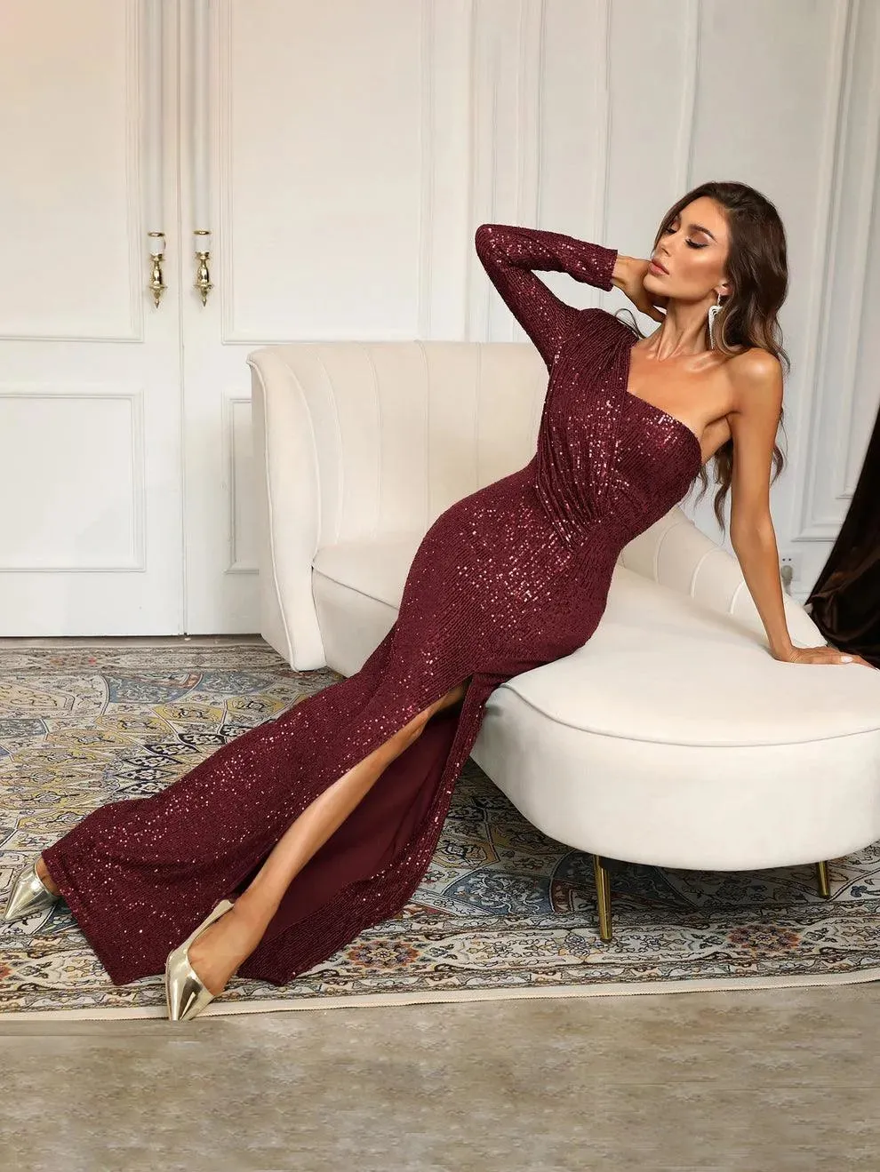 One Shoulder Split Thigh Sequin Formal Dress