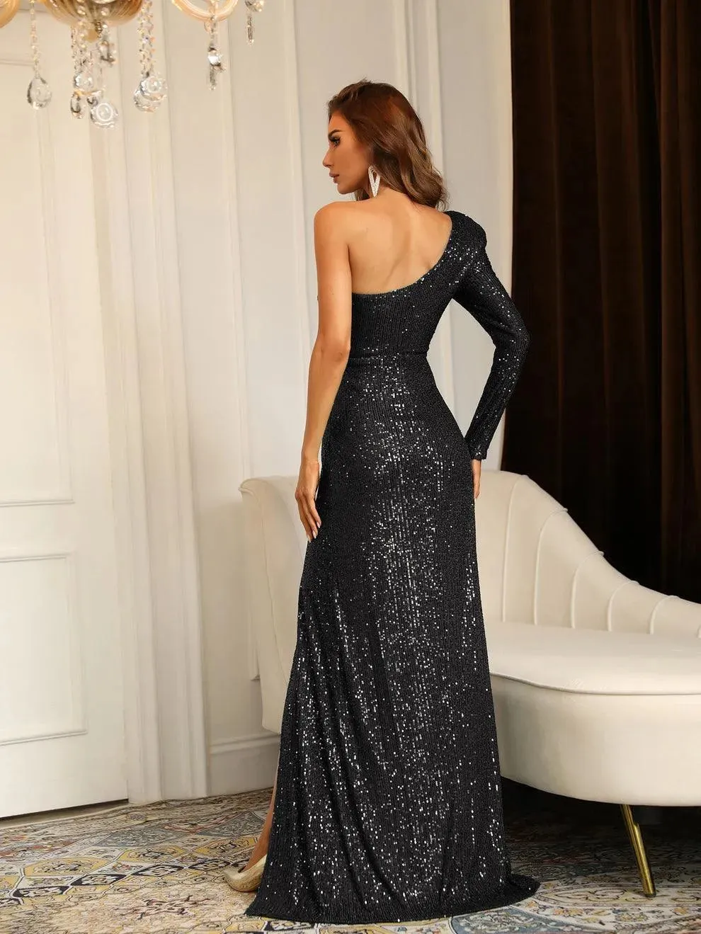 One Shoulder Split Thigh Sequin Formal Dress