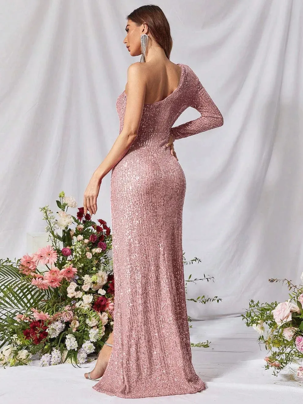 One Shoulder Split Thigh Sequin Formal Dress