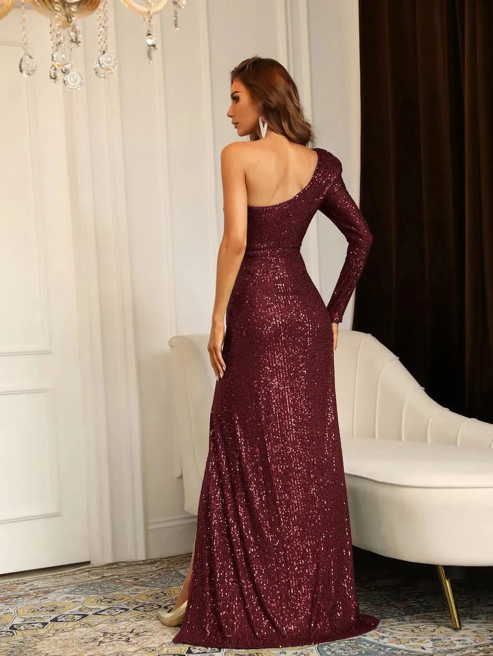 One Shoulder Split Thigh Sequin Formal Dress