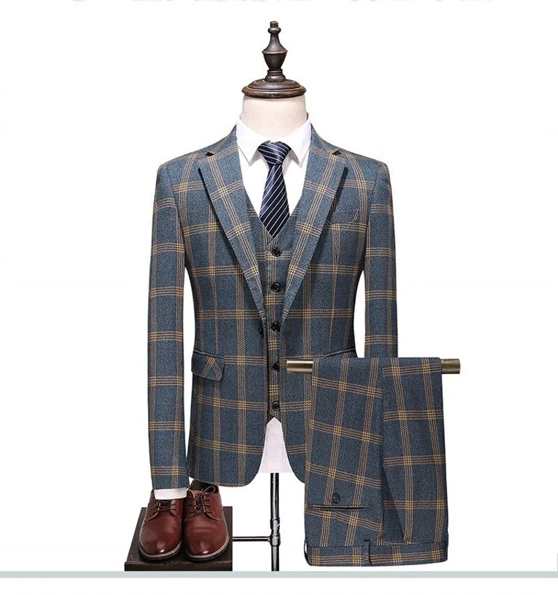 Plaid Designs Lapel Men's Suit Tailor Made Groom Tuxedos Wedding 3 Piece Suits Blazer (Jacket Pants Vest)