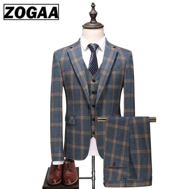 Plaid Designs Lapel Men's Suit Tailor Made Groom Tuxedos Wedding 3 Piece Suits Blazer (Jacket Pants Vest)