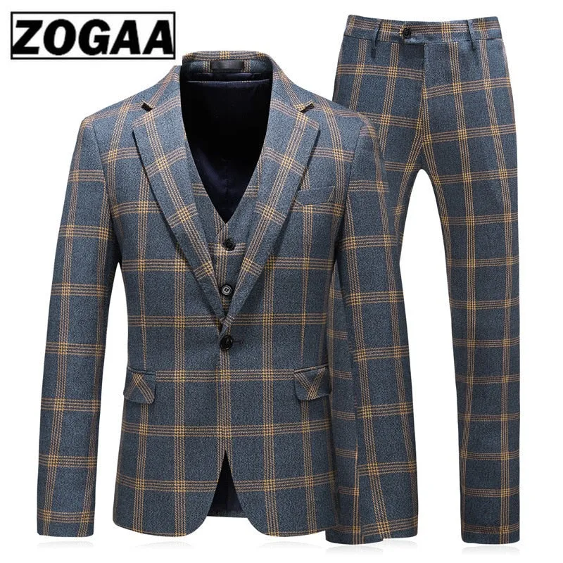 Plaid Designs Lapel Men's Suit Tailor Made Groom Tuxedos Wedding 3 Piece Suits Blazer (Jacket Pants Vest)