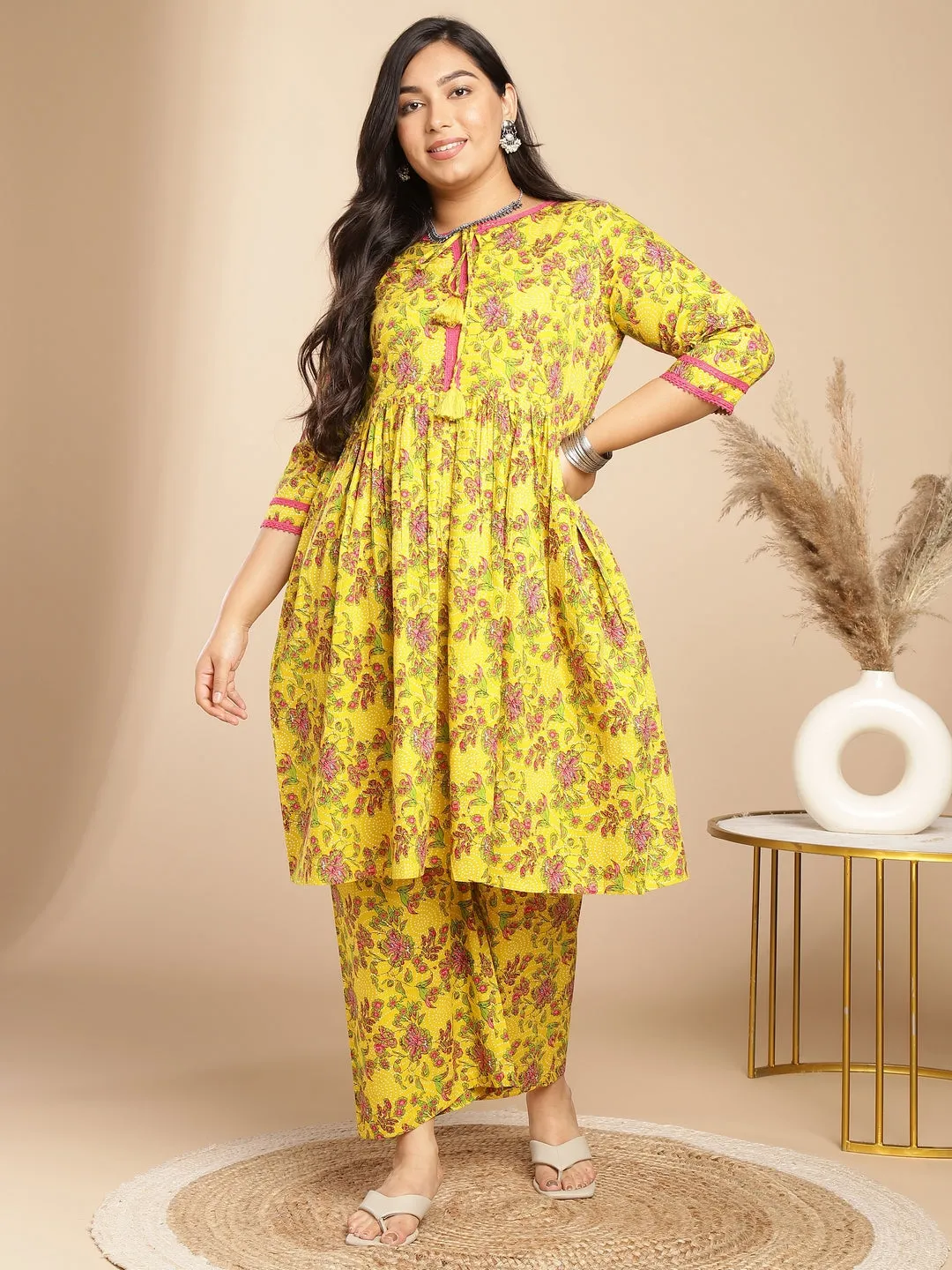 Plus Size Yellow Cotton Floral Gathered Kurta Set