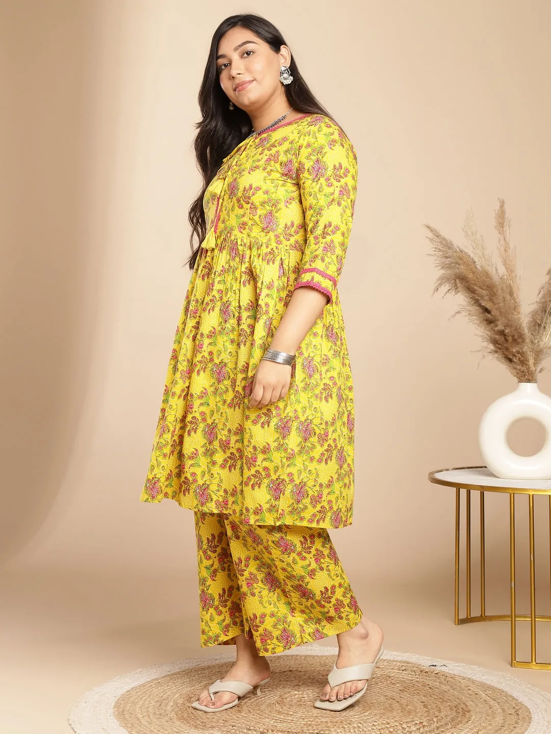Plus Size Yellow Cotton Floral Gathered Kurta Set