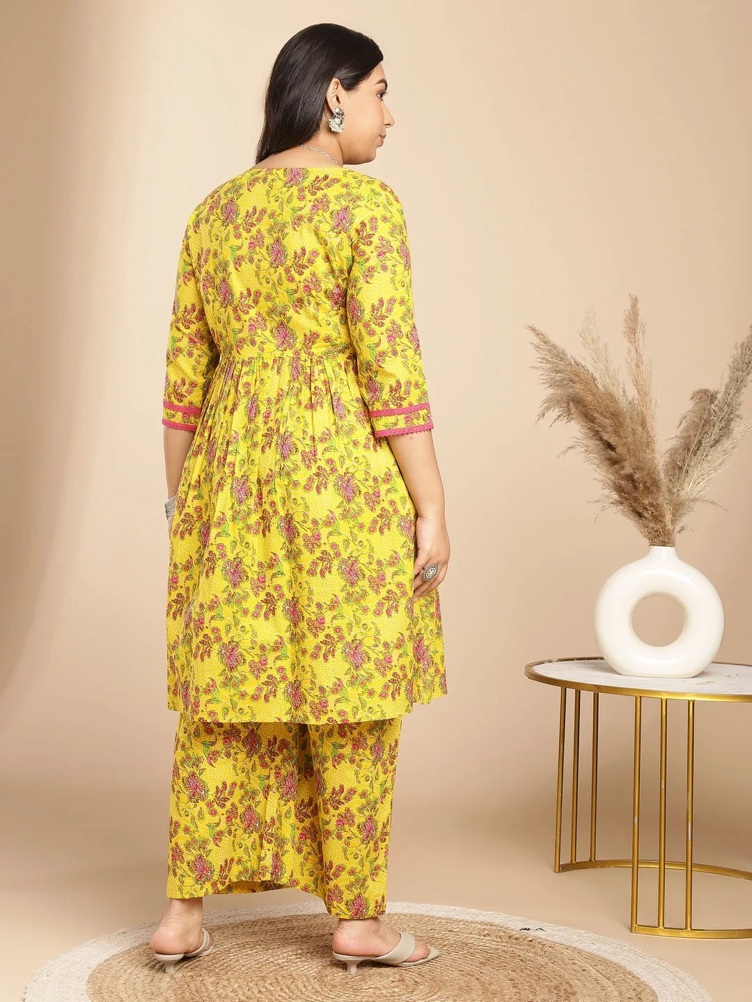 Plus Size Yellow Cotton Floral Gathered Kurta Set