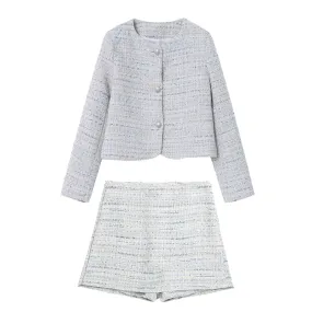 Summer Women's Style Small Fragrant Wind Texture Round Neck Short Coat High Waist Skirt Set