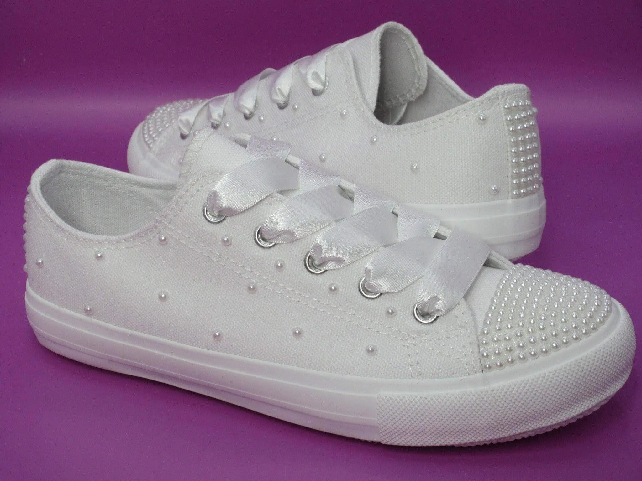 White Pearl Flower Girl / Communion Trainers.