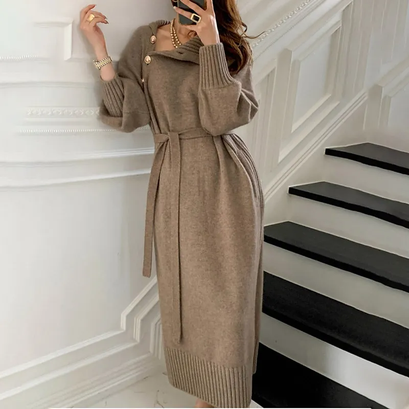 Women's Sweater Dress Winter Dress Sheath Dress Knee Length Dress Stylish Pure Color Outdoor Winter Dress Holiday Weekend Turtleneck Long Sleeve Tie Front Button